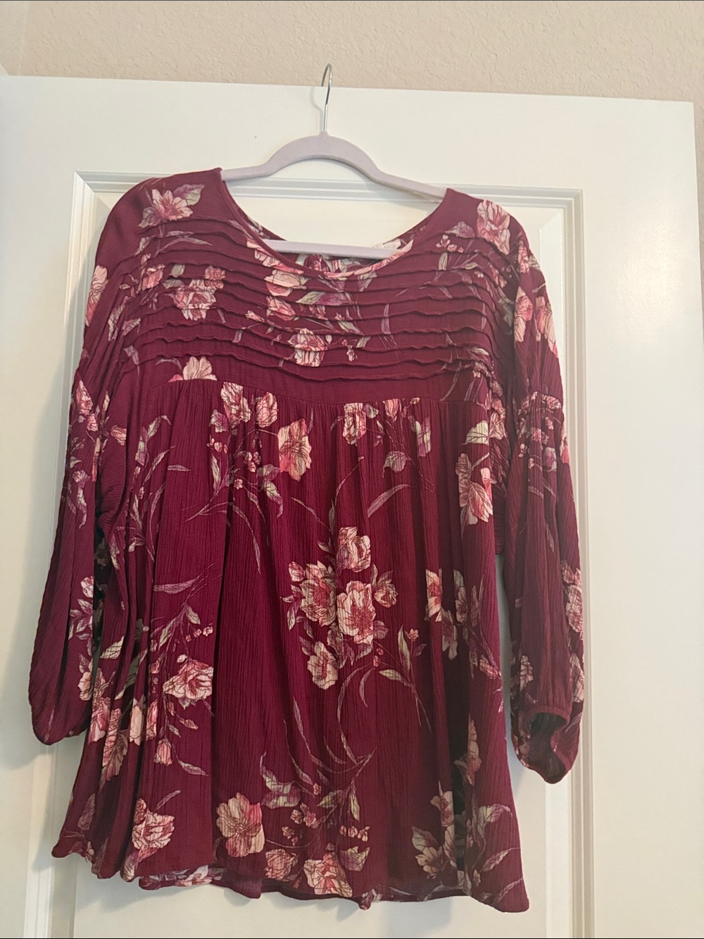 easel Burgundy Floral Pleated Yoke Blouse